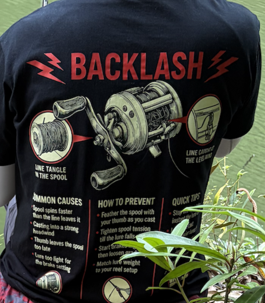 BACKLASHとプリントされたTシャツを着た釣り人の背中