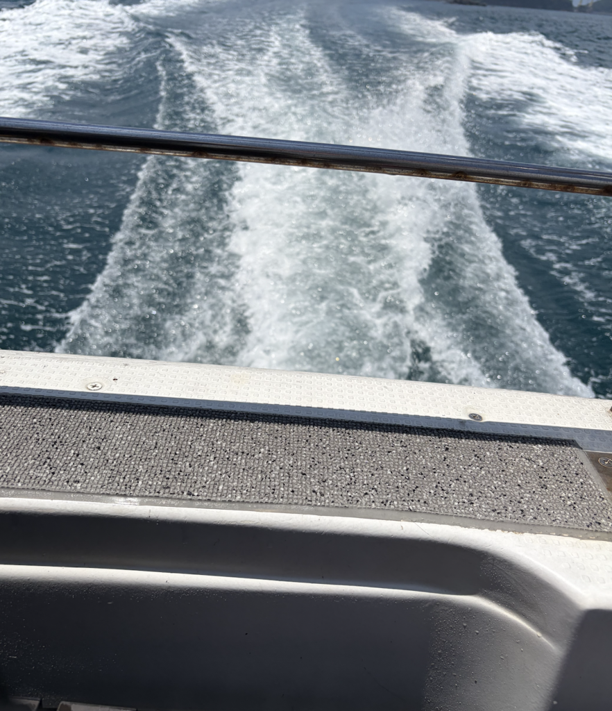 瀬渡し船の航跡と夏の海