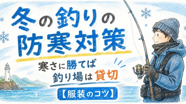 冬の海で防寒着を着て釣りをするアングラー。冬の釣りの防寒対策を解説する記事のアイキャッチ